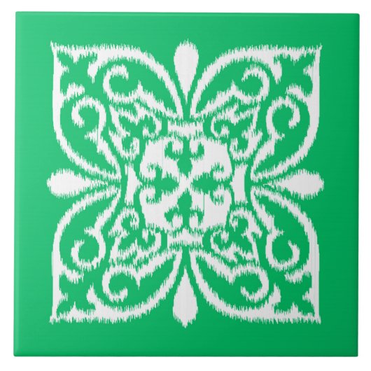 Ikat-Damast-Muster - Jade grün und weiß Fliese (Vorderseite)