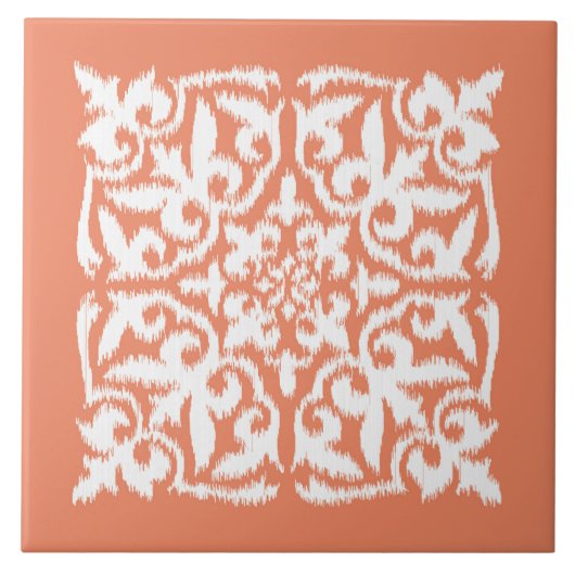 Ikat-Damast-Muster - Korallenorange und Weiß Fliese (Vorderseite)