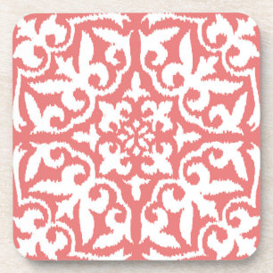 Ikat-Damast-Muster - Korallenrosa und Weiß Getränkeuntersetzer