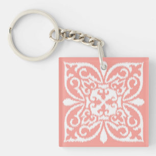 Ikat-Damast-Muster - pfirsiche Farbe pink und weiß Schlüsselanhänger