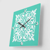 Ikat Damastmuster - Pfaublau und -WEISS Quadratische Wanduhr (Winkel)