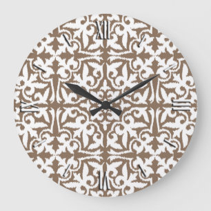 Ikat Damastmuster - Taupe TAN und Weiß Große Wanduhr