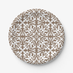 Ikat Damastmuster - Taupe TAN und Weiß Pappteller