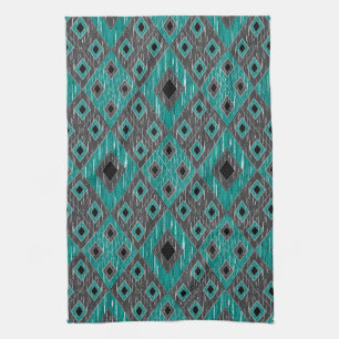 Ikat Diamant-Muster - aquamarines Schwarzes Küchentuch