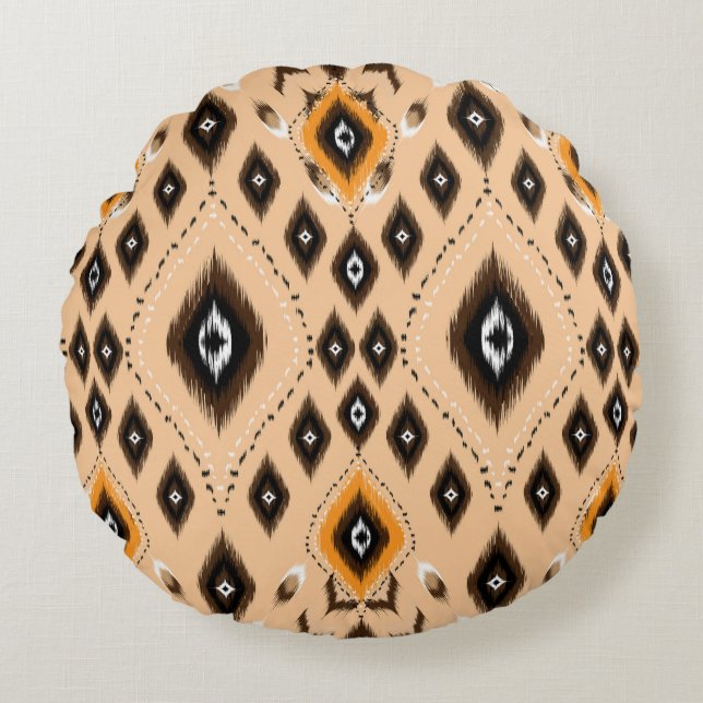 Ikat Ethnic Geometric Folklore Muster Rundes Kissen (Vorderseite)