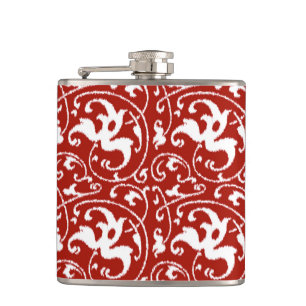 Ikat Floral Damask - Dunkelrot und Weiß Flachmann