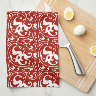 Ikat Floral Damask - Dunkelrot und Weiß Handtuch