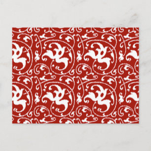 Ikat Floral Damask - Dunkelrot und Weiß Postkarte