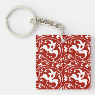 Ikat Floral Damask - Dunkelrot und Weiß Schlüsselanhänger