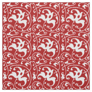 Ikat Floral Damask - Dunkelrot und Weiß Stoff