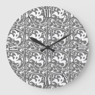 Ikat Floral Damask - grau/grau/weiß Große Wanduhr