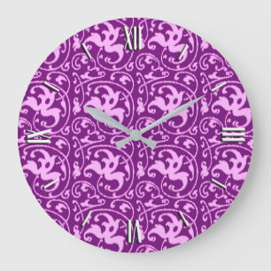 Ikat Floral Damask - Orchid und Lila Große Wanduhr