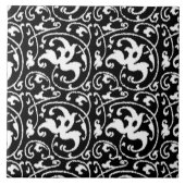 Ikat Floral Damask - Schwarz und Weiß Fliese (Vorderseite)
