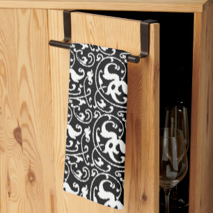 Ikat Floral Damask - Schwarz und Weiß Geschirrtuch