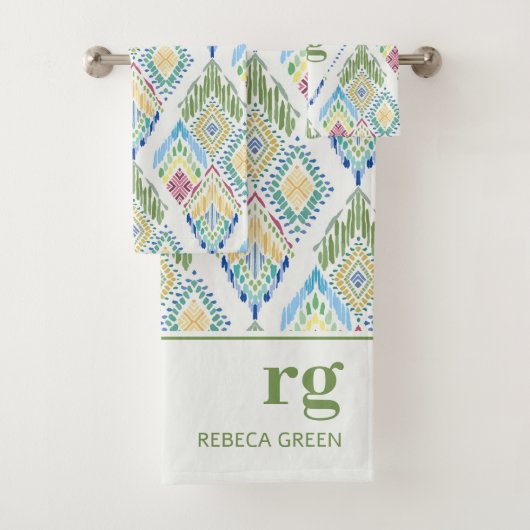 Ikat Floral Nahtloses Muster Modernes Monogramm Badhandtuch Set (Insitu)