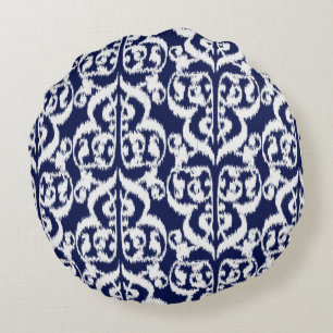 Ikat Maurische Damaske - Indigo und Weiß Rundes Kissen