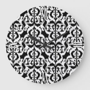 Ikat Maurische Damaske - weiß und schwarz Große Wanduhr