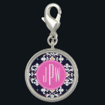 Ikat-Monogramm Charm<br><div class="desc">Ein Geschenk,  das in der Mitte mit dem Monogramm in rosa Kreis personalisiert werden kann. Hintergrund ist marineblau und weiß kat Muster.</div>