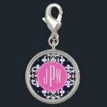 Ikat-Monogramm Charm<br><div class="desc">Ein Geschenk, das in der Mitte mit dem Monogramm in rosa Kreis personalisiert werden kann. Hintergrund ist marineblau und weiß kat Muster.</div>
