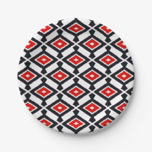 Ikat Muster - dunkelrot, Schwarzweiss Pappteller