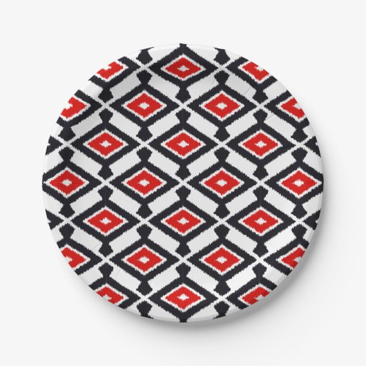 Ikat Muster - dunkelrot, Schwarzweiss Pappteller (Vorderseite)