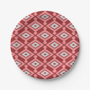 Ikat Pattern - Burgund, Grau und Korallen Pappteller