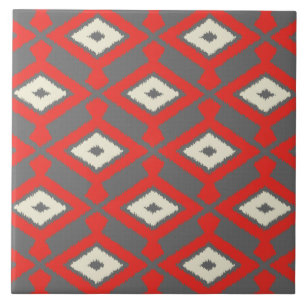 Ikat Pattern - Rot, Grau und Beige Fliese