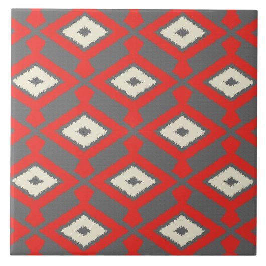 Ikat Pattern - Rot, Grau und Beige Fliese (Vorderseite)