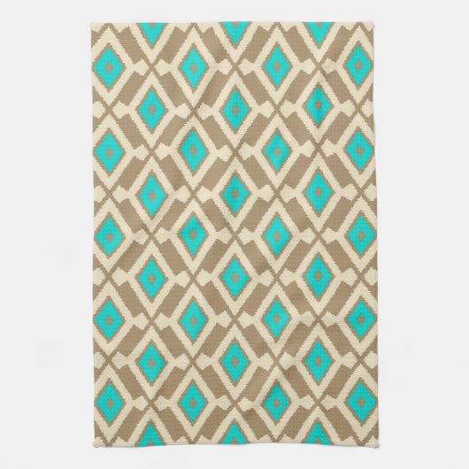 Ikat Pattern - Türkis, Taupe und Beige Geschirrtuch (Vertikal)