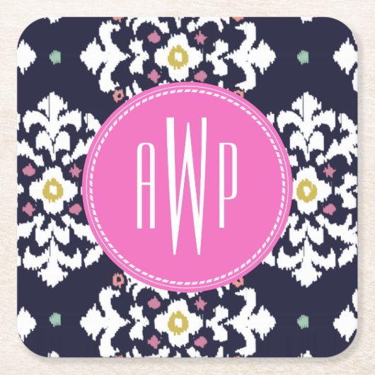Ikat + Rosa Monogramm Rechteckiger Pappuntersetzer (Vorderseite)