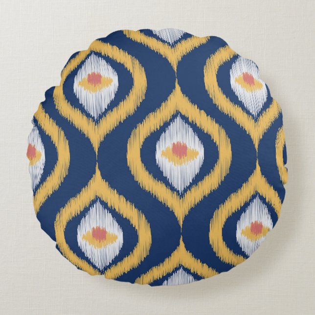 Ikat Series Ogee Blue Geometric Rundes Kissen (Vorderseite)