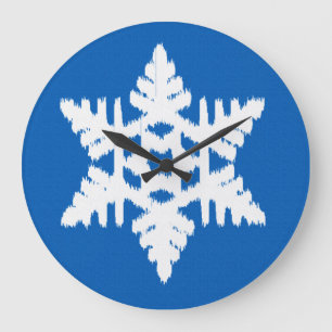 Ikat Snowflake - Kobalt blau und weiß Große Wanduhr