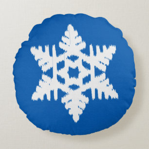 Ikat Snowflake - Kobalt blau und weiß Rundes Kissen