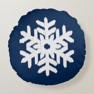 Ikat Snowflake - Weiß und Dunkelblau Rundes Kissen