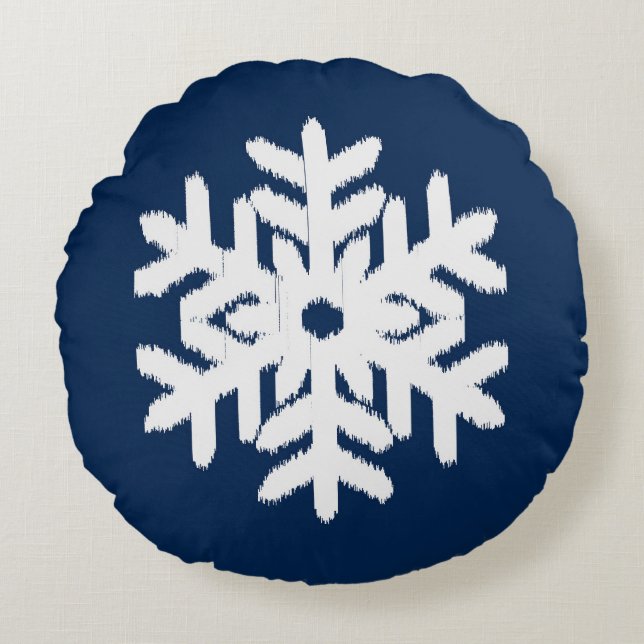Ikat Snowflake - Weiß und Dunkelblau Rundes Kissen (Vorderseite)