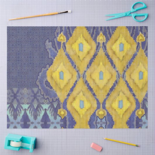 IKAT Usbekistan Antiquitätenstamm Blaues gelbes Mu Seidenpapier (Basteln)