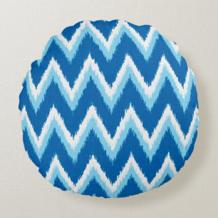 Ikat Zickzack Streifen - Kobalt, Sky Blue und Whit Rundes Kissen