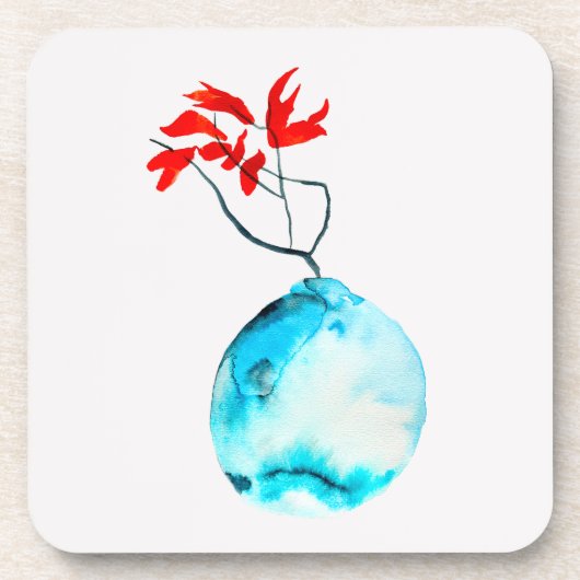 Ikebana Blue Vase Aquarellkunst Getränkeuntersetzer (Vorderseite)