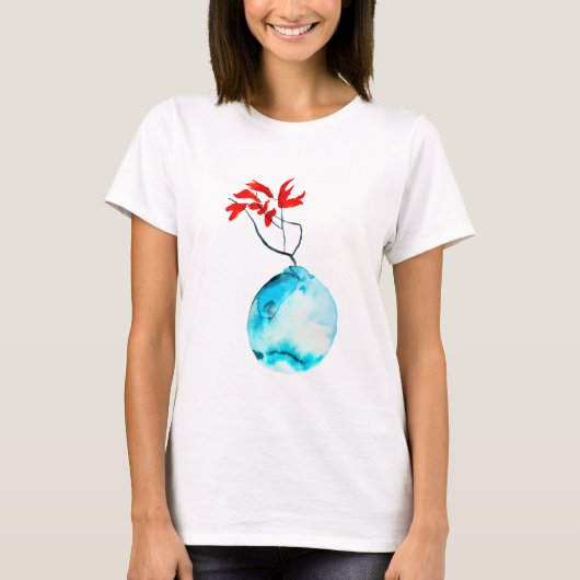 Ikebana Blue Vase Aquarellkunst T-Shirt (Vorderseite)