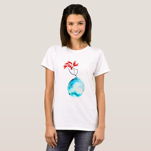 Ikebana Blue Vase Aquarellkunst T-Shirt (Vorne ganz)