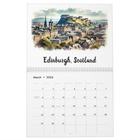 Ikonische Wasserfarbenkollektivitäten Kalender (Mär 2026)