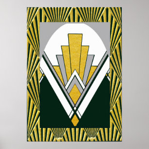 Ikonisches Art Deco Plakat. Gold, grau und schwarz Poster