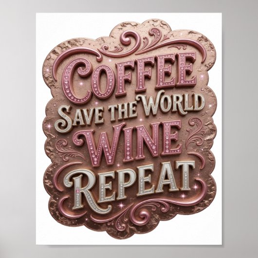 Ikonisches Rosa COFFEE SAVE THE WORLD WINE REPEAT Poster (Vorne)