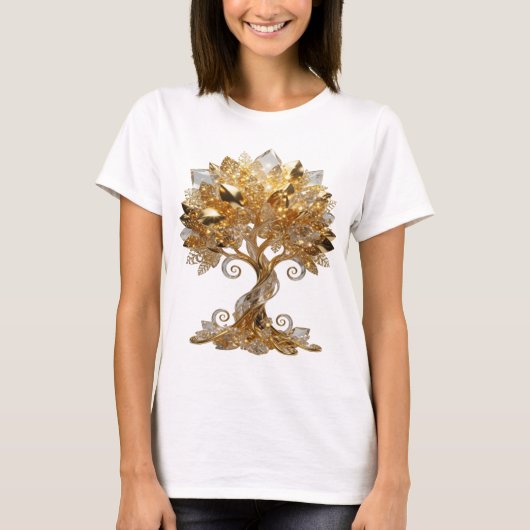 Ikonisches Silber GOLDENER LEBENSBAUM Text Design T-Shirt (Vorderseite)