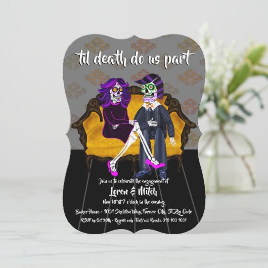 il Death Do us Part Sugar Skulls Engagement Party Einladung (Stehend Vorderseite)