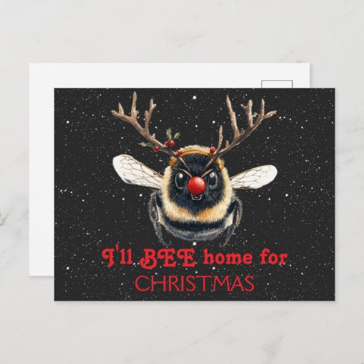 I'll BEE Home for Christmas Reindeer Bee Postkarte (Vorne/Hinten)