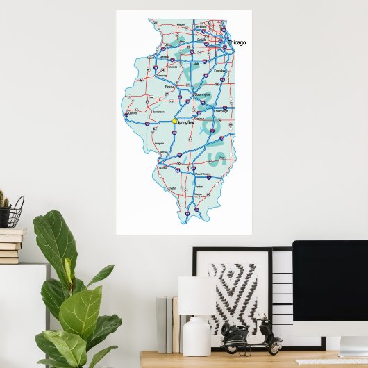 Illinois Interstate Map Print Poster (Heimbüro)