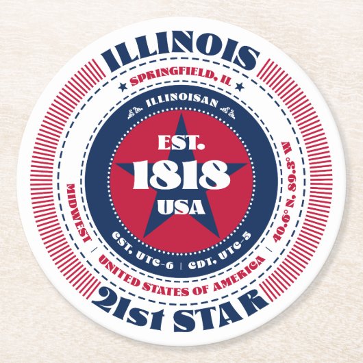 Illinois Red White Blue Typografie Runder Pappuntersetzer (Vorderseite)