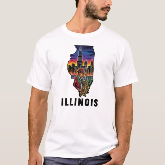 Illinois Staat Tattoo Style Skyline Jazz Saxophon T-Shirt (Vorderseite)