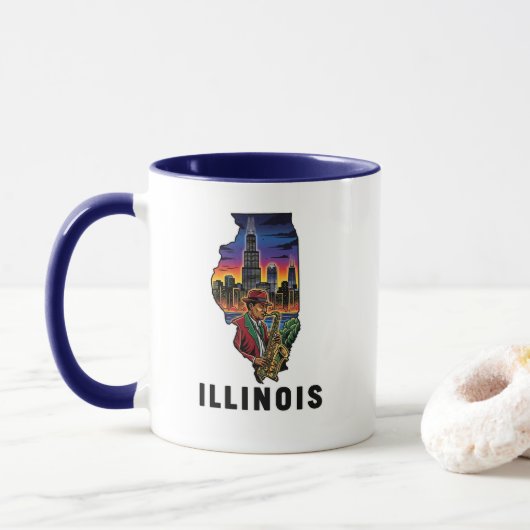 Illinois Staat Tattoo Style Skyline Jazz Saxophon Tasse (Mit Donut)